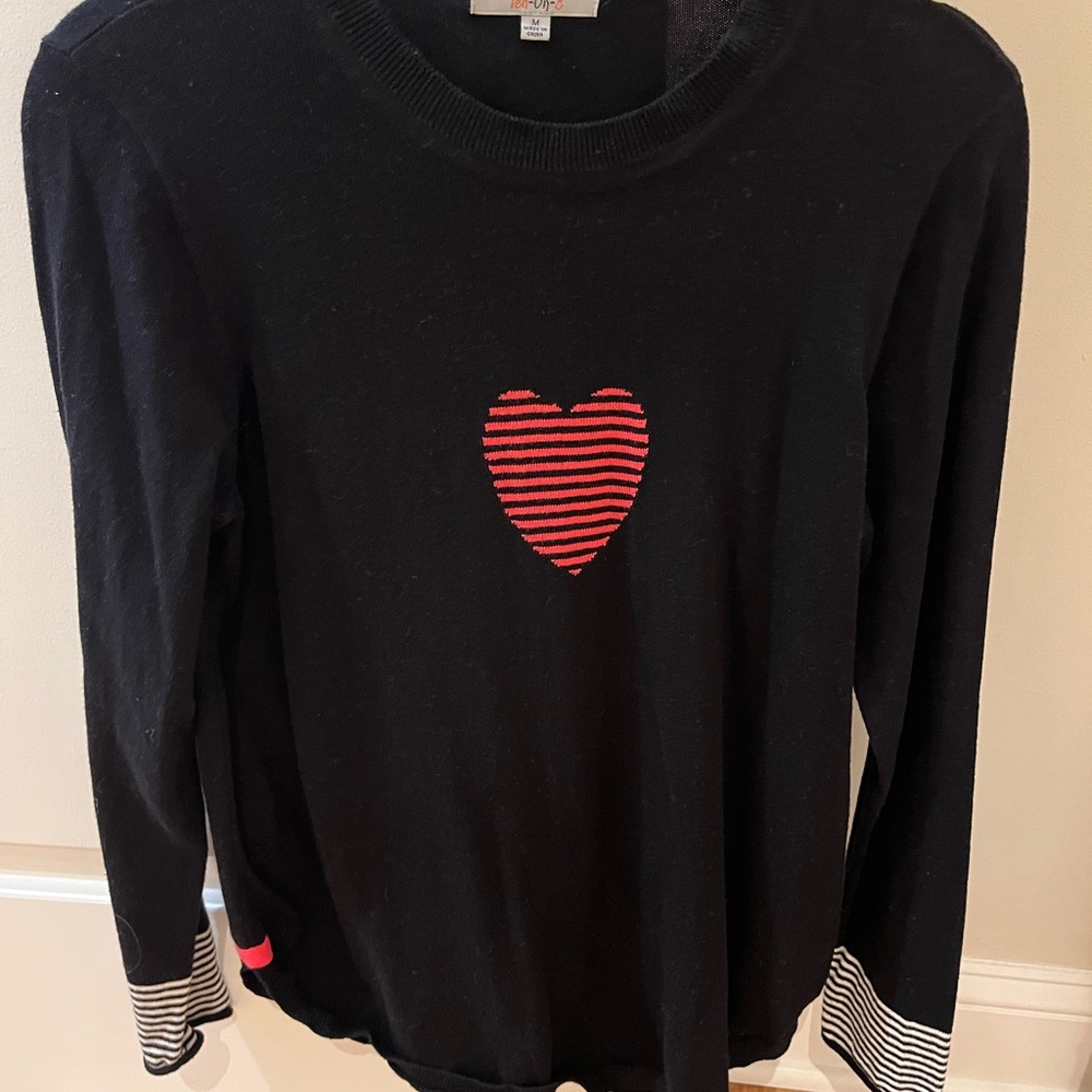 Black and Red Crew Neck Sweater with Striped Heart
